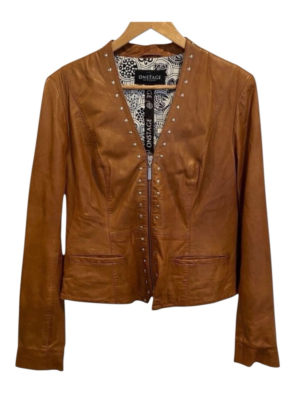 Onstage Denmark brown soft genuine leather jacket studded zip up Vneck 40